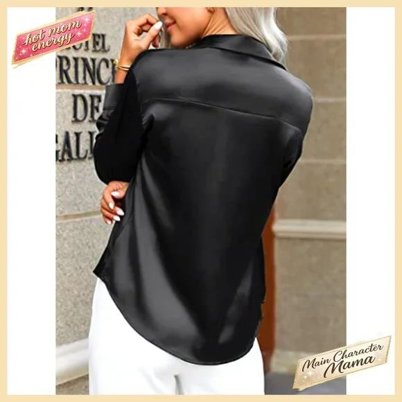 Satin Button Down Shirt Long Sleeve V Neck Blouse Business Casual Tunic